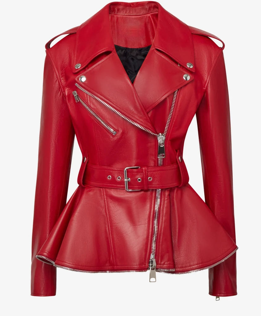 Women's Red Belted Peplum Leather Jacket | Slim Fit Moto Biker Jacket | Premium Asymmetrical Zip Leather Coat