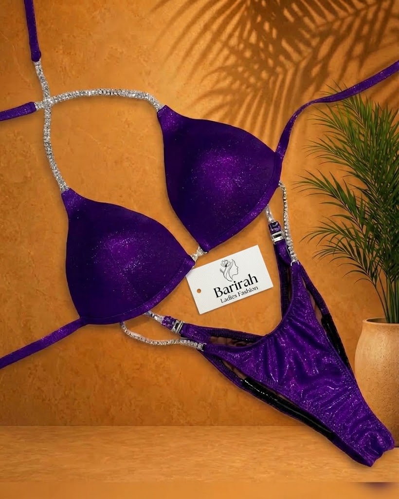 Stylish competition bikini base designed for bodybuilding and fitness athletes.