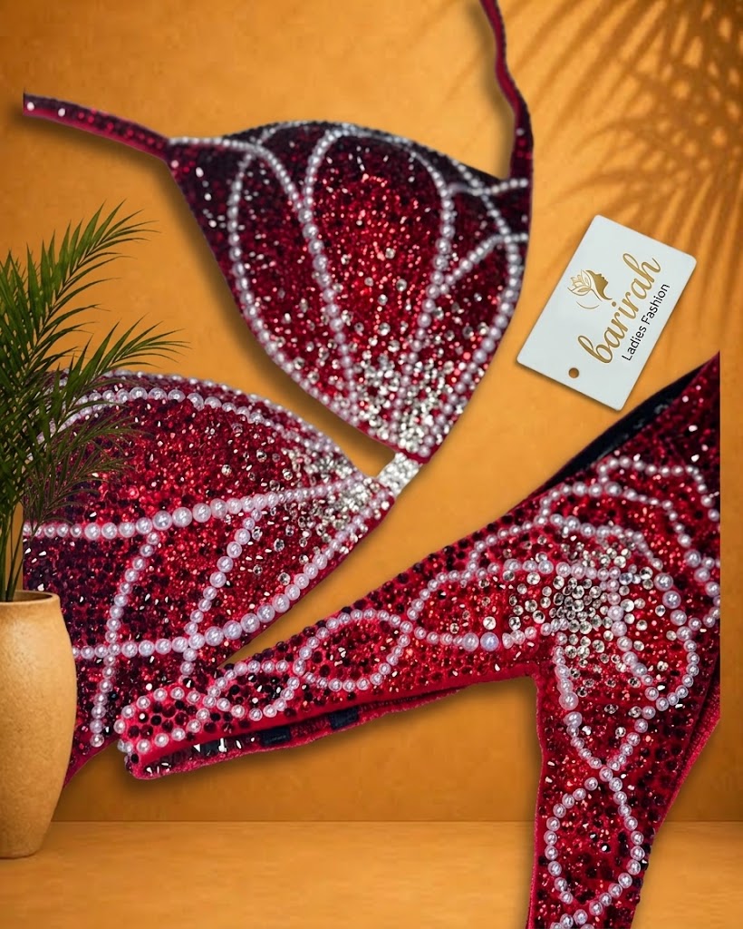 Red Bikini, Handmade Rhinestone Competition Bikini