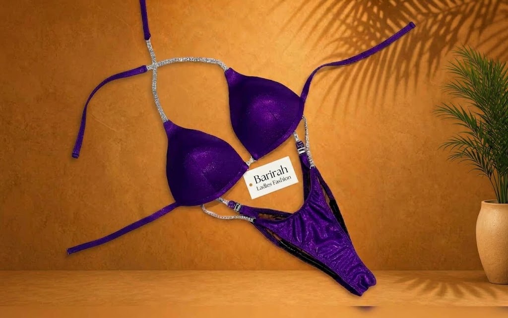 Stylish competition bikini base designed for bodybuilding and fitness athletes.
