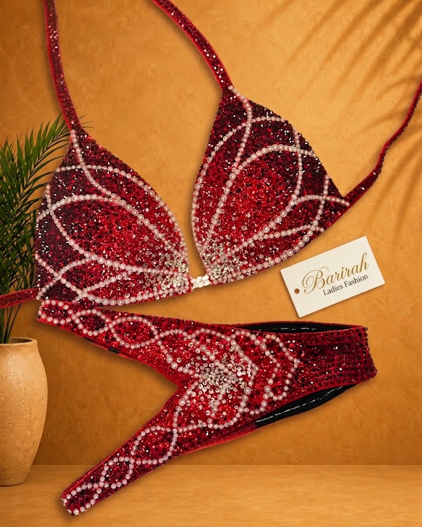 Red Bikini, Handmade Rhinestone Competition Bikini