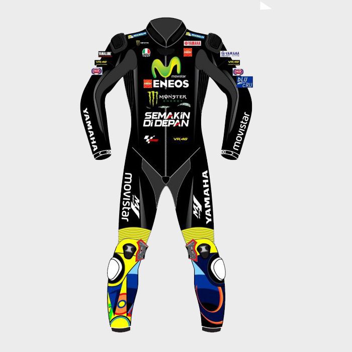 Movistar Yamaha MotoGP Racing Suit | Valentino Rossi VR46 One-Piece Leather Motorcycle Suit | CE Armor Professional Track & Street Riding Gear | Black