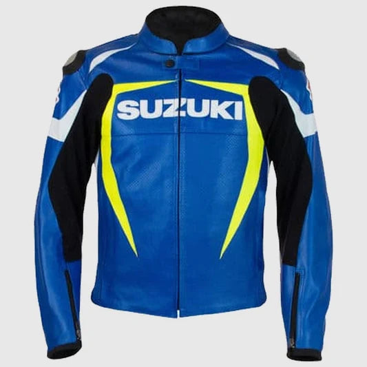 Suzuki GSX-R Motorcycle Leather Riding Jacket | CE Armor Protective Biker Jacket | Premium Cowhide Racing Jacket | Blue, Black & Yellow